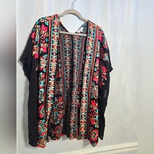 Umgee Tapestry Boho Mid Length Kimono Floral Embroidered Multicolor Paisley Top